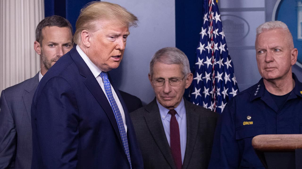 Photo of President Donald Trump with Dr. Anthony Fauci, director of the National Institute of Allergy and Infectious Diseases, center, and Adm. Brett Giroir, M.D., Assistant Secretary for Health