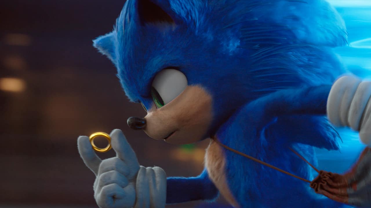 Photo of Sonic, voiced by Ben Schwartz, in a scene from "Sonic the Hedgehog." 