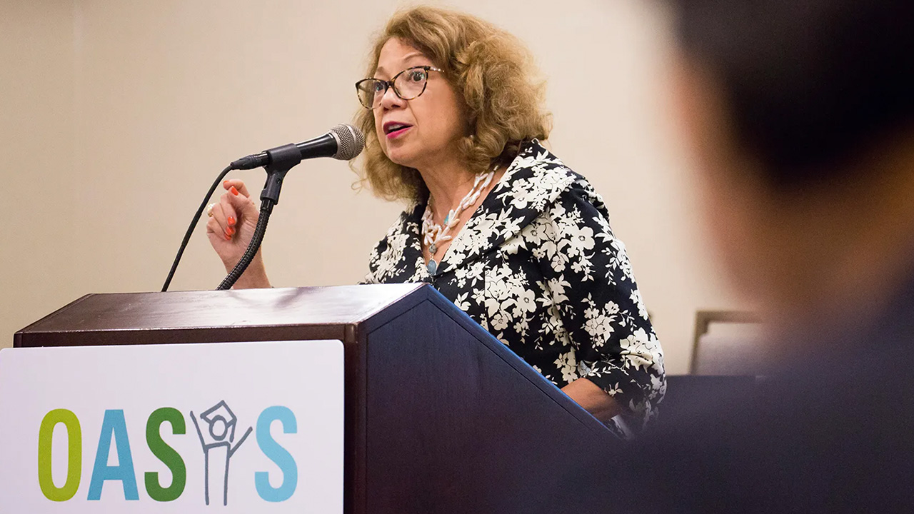 Fomer CSU Fullerton President Mildred Garcia speaks during an event in 2016.