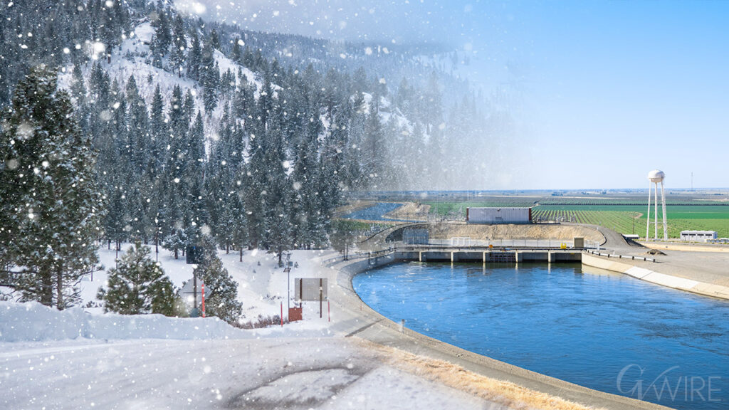 Composite image of snow in the mountains and water stored for agriculture