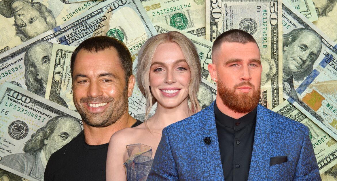 In a world where countless podcasts compete for attention, shows like Joe Rogan's (left) "The Joe Rogan Experience," Alex Cooper’s (middle) "Call Her Daddy," and the Travis Kelce (right) and Jason Kelce's "New Heights" have risen to the top, securing massive deals and redefining the podcasting landscape. (GV Wire Composite/Anthony W. Haddad)