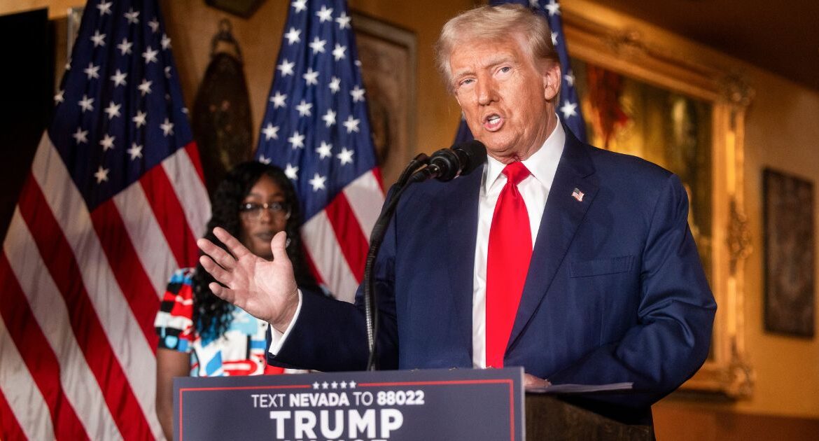 Former President Donald Trump, the Republican presidential nominee, makes remarks at Il Toro E La Capra restaurant in Las Vegas, Aug. 23, 2024. Trump’s proposals include a 10 to 20 percent tariff on most imports, as well as a more than 60 percent tariff on Chinese products. (Roger Kisby/The New York Times)