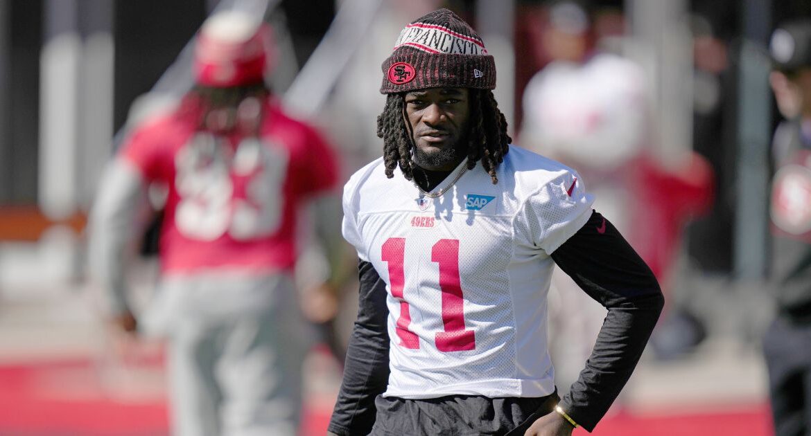 San Francisco 49ers wide receiver Brandon Aiyuk (11) warms up during a practice ahead of the Super Bowl 58 NFL football game Saturday, Feb. 10, 2024, in Las Vegas.