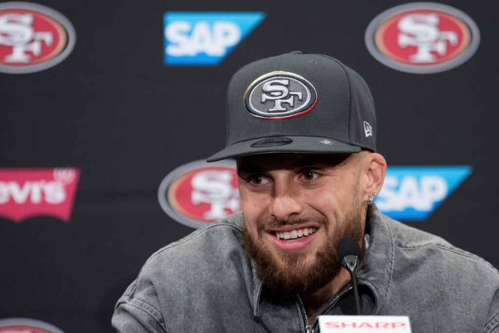 San Francisco 49ers first round draft pick Ricky Pearsall speaks at an NFL football news conference, April 26, 2024, at the team's facility in Santa Clara, Calif. (AP Photo/Godofredo A. Vásquez, File)