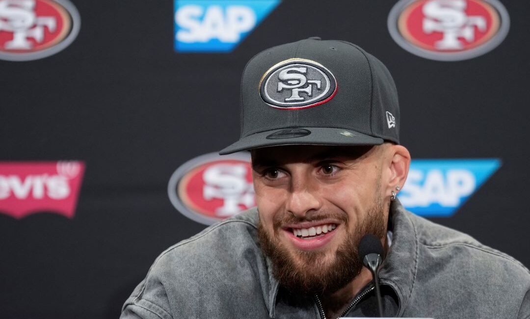 San Francisco 49ers first round draft pick Ricky Pearsall speaks at an NFL football news conference, April 26, 2024, at the team's facility in Santa Clara, Calif. (AP Photo/Godofredo A. Vásquez, File)