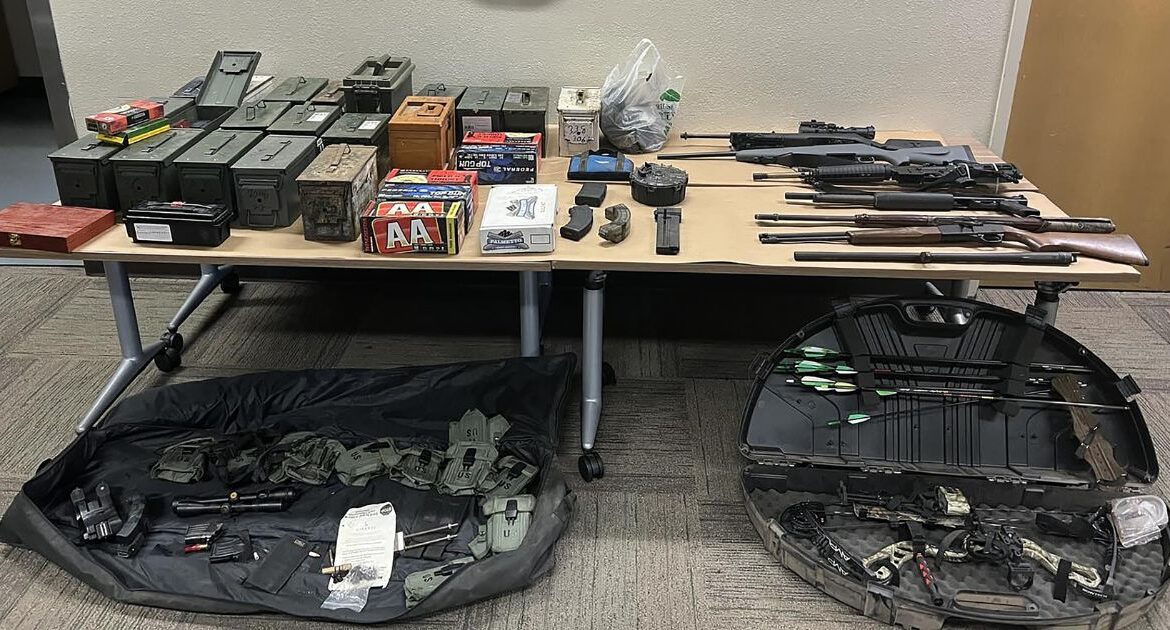 A photo provided by the Monterey County Sheriff’s Office shows the cache of weapons and ammunition confiscated from Vicente Joseph Arroyo of Salinas, Calif., who faces multiple charges after a shooting spree left at least 80 animals dead, including miniature horses, goats, rabbits, guinea pigs, chickens, ducks and birds. The hourslong episode in the middle of the night led to a shelter-in-place order in Prunedale, an unincorporated community about 100 miles south of San Francisco. (Monterey County Sheriff's Office via The New York Times)
