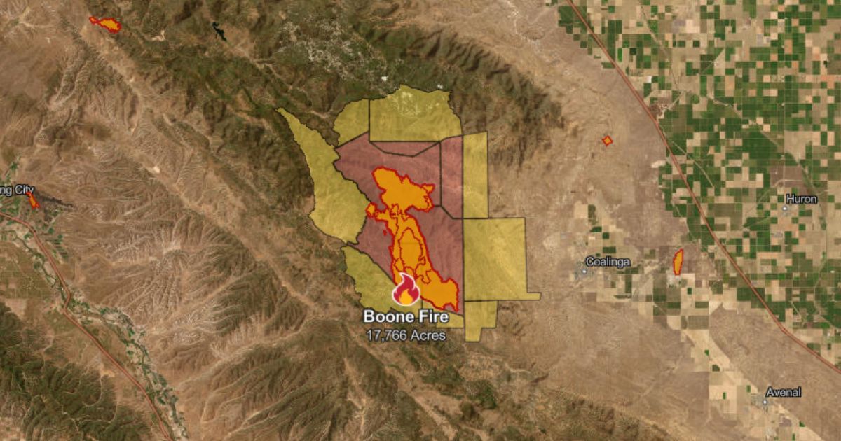 The Fresno County Boone Fire as of Sept. 9, 2024. The yellow area represents evacuation warnings and red shows evacuation orders. (CalFire)