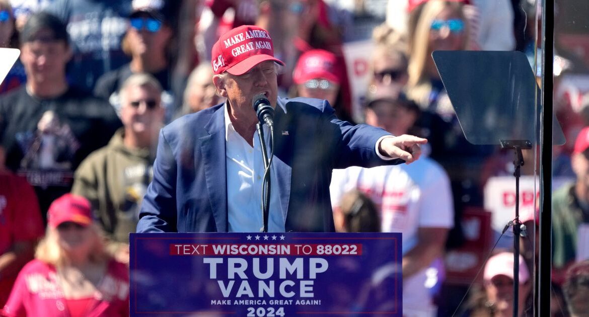 Republican presidential nominee former President Donald Trump speaks during a campaign event at Central Wisconsin Airport, Saturday, Sept. 7, 2024, in Mosinee, Wis.