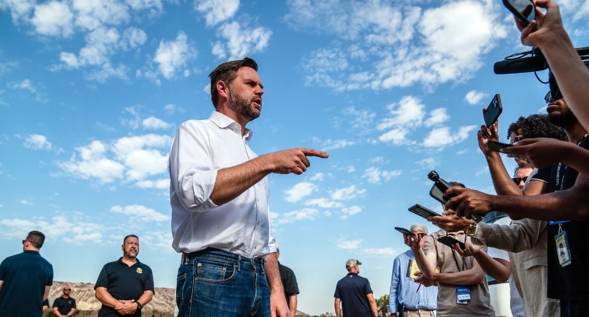 Sen. JD Vance (R-Ohio), the Republican candidate for vice president, speaks to reporters in San Diego during a visit to the border with Mexico on Friday, Sept. 6, 2024. Vance appeared to backtrack on Tuesday, Sep. 10, 2024, on an outlandish false claim that he had promoted a day earlier saying that Haitian residents of Springfield, Ohio, were abducting and eating their neighbors’ pets.