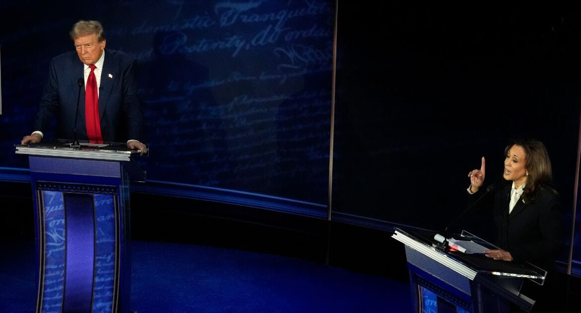 Republican presidential nominee former President Donald Trump and Democratic presidential nominee Vice President Kamala Harris participate during an ABC News presidential debate at the National Constitution Center, Tuesday, Sept.10, 2024, in Philadelphia.