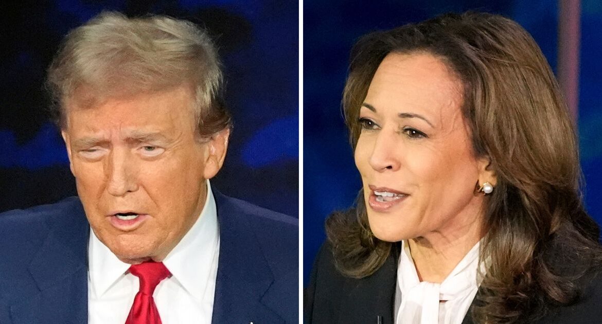 This combination of photos shows Republican presidential nominee former President Donald Trump, left, and Democratic presidential nominee Vice President Kamala Harris during an ABC News presidential debate at the National Constitution Center, Tuesday, Sept. 10, 2024, in Philadelphia.
