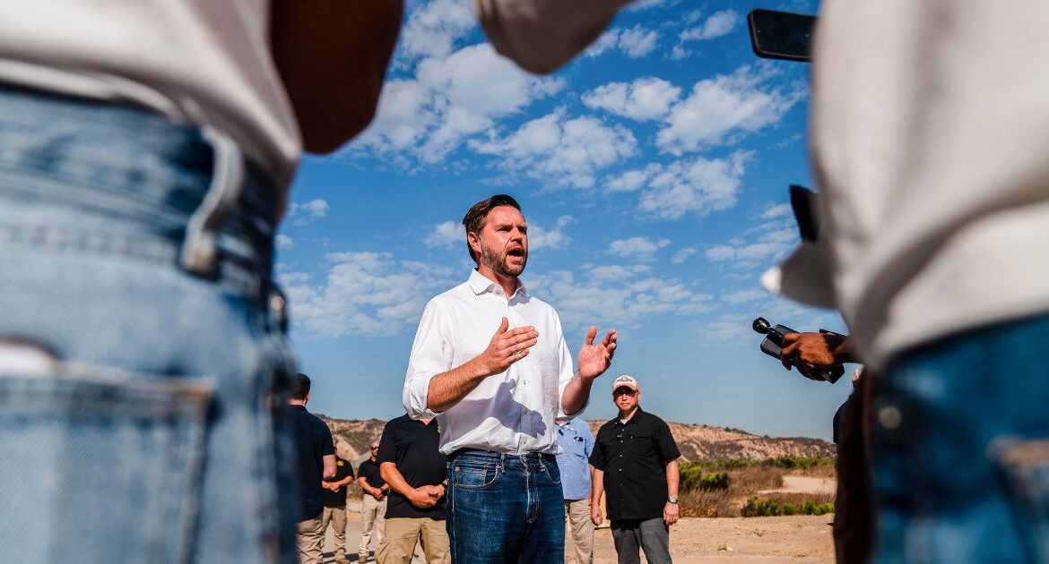 Sen. JD Vance (R-Ohio), the Republican candidate for vice president, speaks to reporters in San Diego during a visit to the border with Mexico on Friday, Sept. 6, 2024. A falsehood that migrants have killed wild animals and household pets for food ricocheted around the internet this week, vaulting from fringe social media posts to a Trump campaign talking point in a matter of days. (Ariana Drehsler/The New York Times)