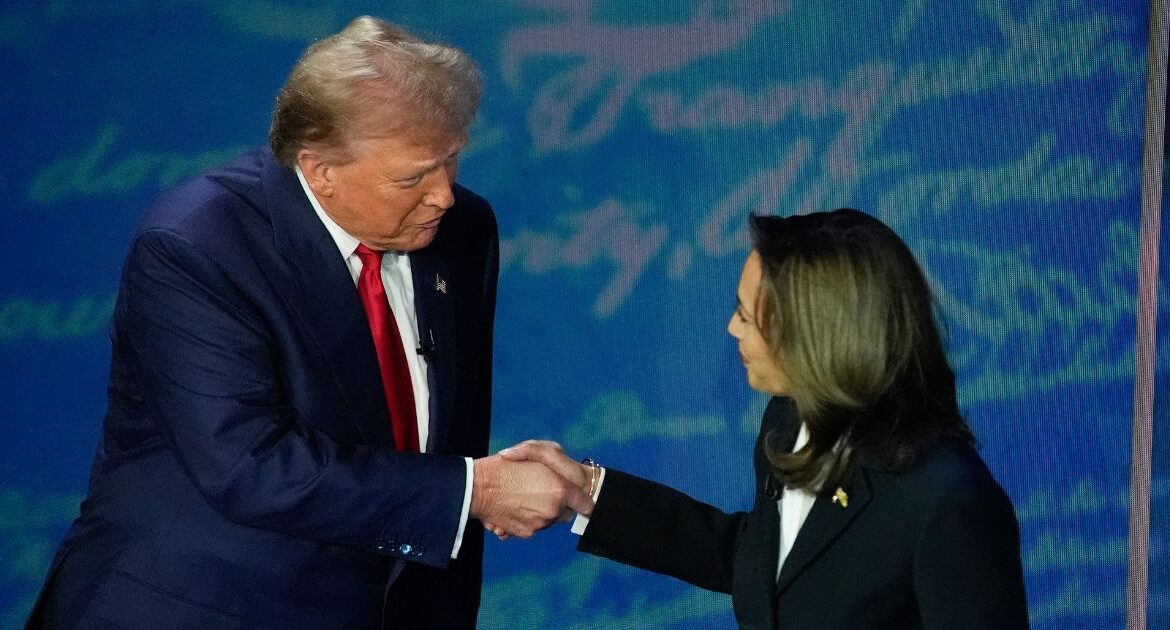 Republican presidential nominee former President Donald Trump and Democratic presidential nominee Vice President Kamala Harris shake hands before the start of an ABC News presidential debate at the National Constitution Center, Tuesday, Sept. 10, 2024, in Philadelphia. (AP/Alex Brandon)