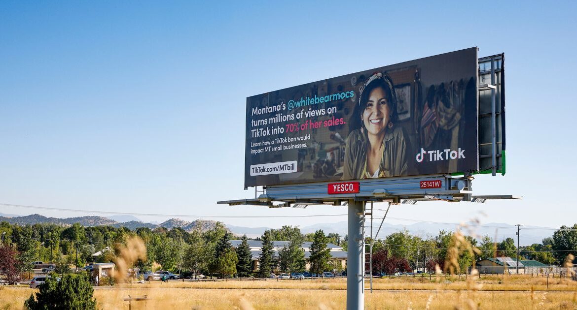 A TikTok billboard in Helena, Mont., on Aug. 14, 2023. TikTok will be in federal court on Monday, aiming to block a new law that will ban the popular video app in the United States early next year. (Tailyr Irvine/The New York Times)