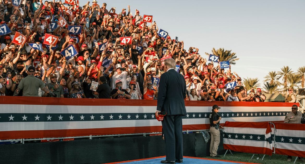 Former President Donald Trump takes the stage for a campaign rally in Coachella, Calif., Oct. 12, 2024. Some advisers and allies of Trump are concerned about his scattershot style on the campaign trail as he continues to veer off script. (Jordan Gale/The New York Times)..
