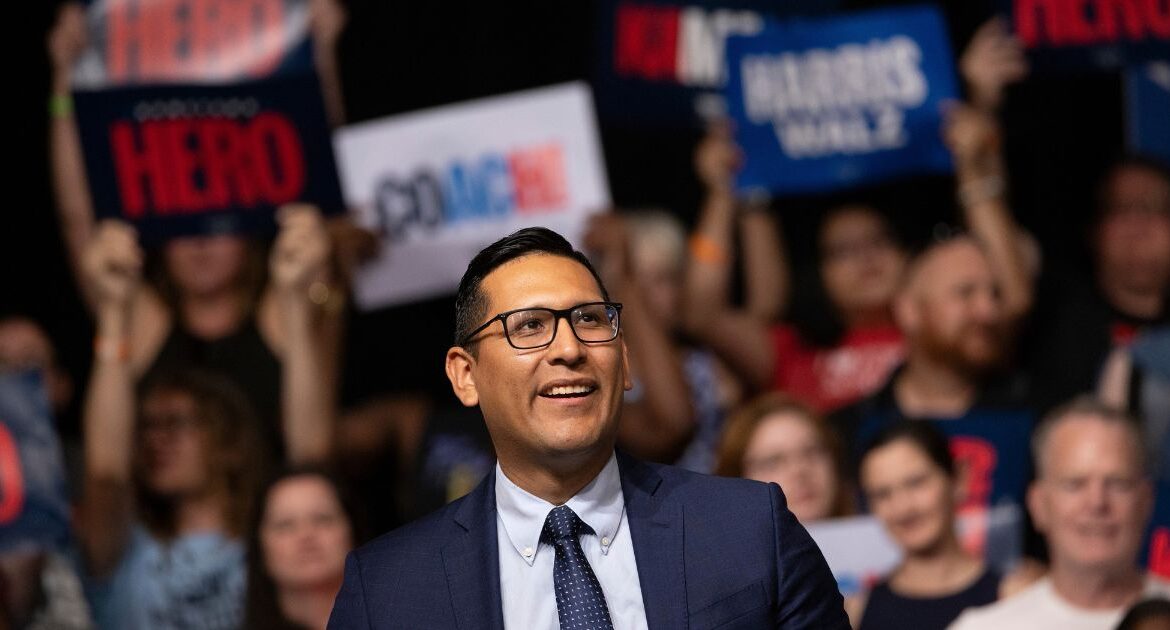 State Sen. Tony Vargas, a Democratic candidate for Nebraska’s 2nd Congressional District, speaks during a campaign event for Minnesota Gov. Tim Walz in La Vista, Neb., on Aug. 17, 2024. Vargas is vying to become the first Latino to represent Nebraska in Congress. (Alyssa Schukar/The New York Times)