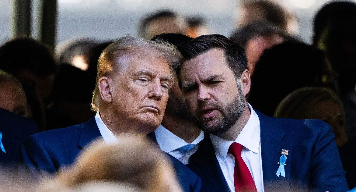 Former President Donald Trump and Sen. JD Vance talk at the 9/11 Memorial in New York on Wednesday, Sept. 11, 2024. The Trump campaign was informed this week that hackers may have gained access to data from the phones through a breach of American telecommunications systems. (Eric Lee/The New York Times)