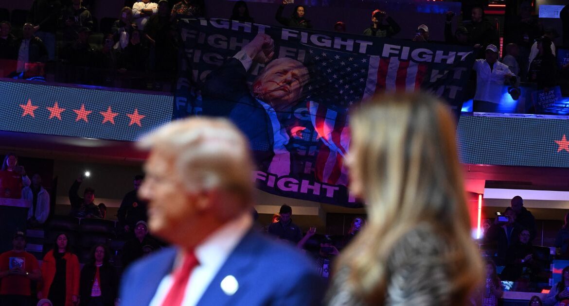 Former President Donald Trump, the Republican presidential nominee, and former first lady Melania Trump on stage during a campaign rally at Madison Square Garden in New York, Oct. 27, 2024. As the presidential contest enters the final sprint, campaign aides and allies close to Vice President Kamala Harris are growing cautiously optimistic about her chances of victory, saying the race is shifting in her favor. (Kenny Holston/The New York Times)