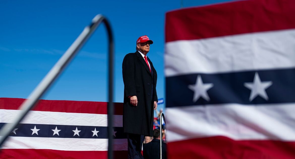 Former President Donald Trump, the Republican presidential nominee, on stage during a campaign rally in Lititz, Pa., on Sunday, Nov. 3, 2024. Trump told supporters on Sunday that he “shouldn’t have left” the White House at the end of his term during an end-of-campaign rally where he vented angrily about a spate of new public polls showing him losing ground to Vice President Kamala Harris and joked about reporters being shot at. (Doug Mills/The New York Times)