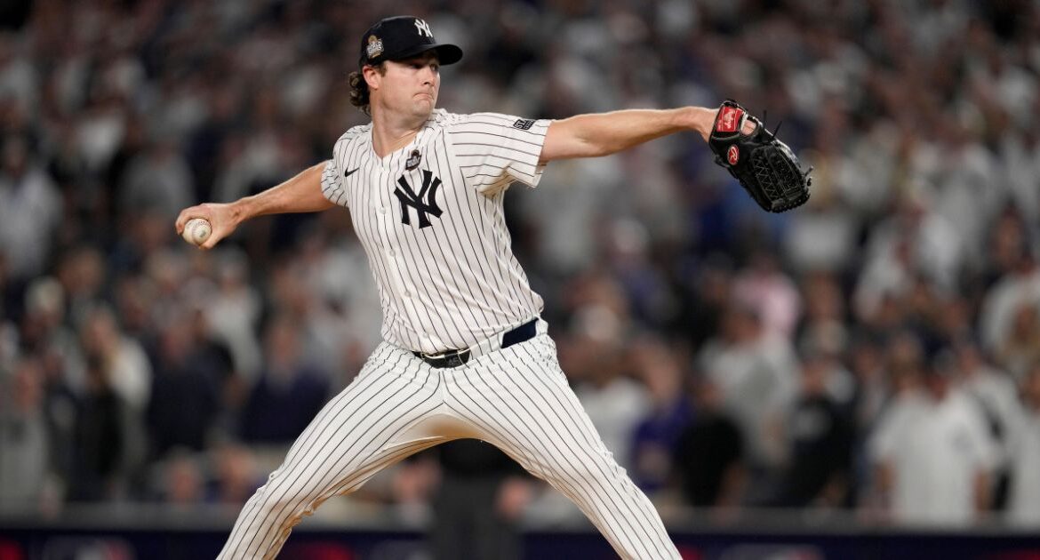 New York Yankees pitcher Gerrit Cole throws against the Los Angeles Dodgers during the first inning in Game 5 of the baseball World Series, Wednesday, Oct. 30, 2024, in New York. (AP/Ashley Landis)