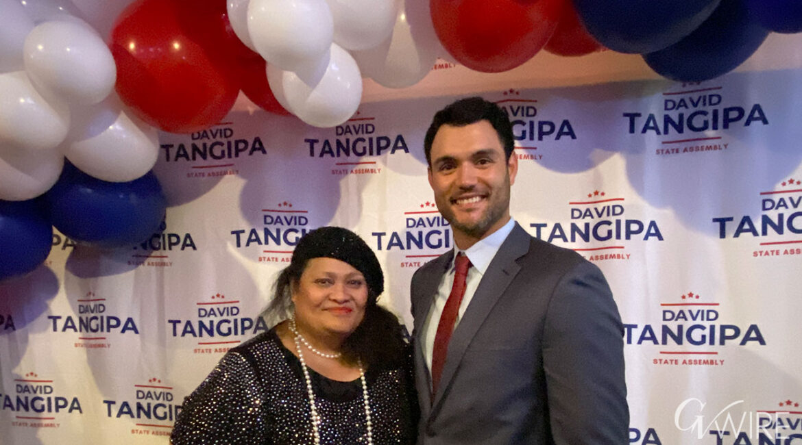 David Tangipa (right) leads in his race for state Assembly. He poses with his mother, Ana Tupou Tangipa. (GV Wire/David Taub)