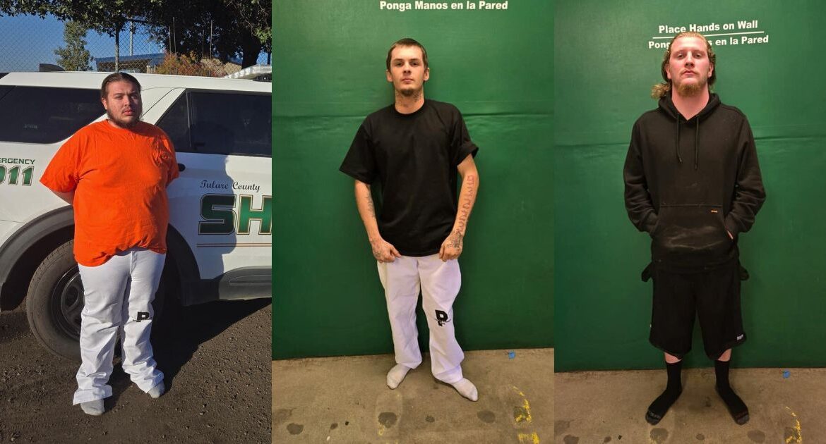From left to right: Eric Bullard, 18, of Tulare, Matthew Makert, 22, of Visalia, Landon Woods, 20, of Exeter, and three others were arrested in connection with the murder of Angel Puga, 25, of Farmersville. (Tulare County SO)