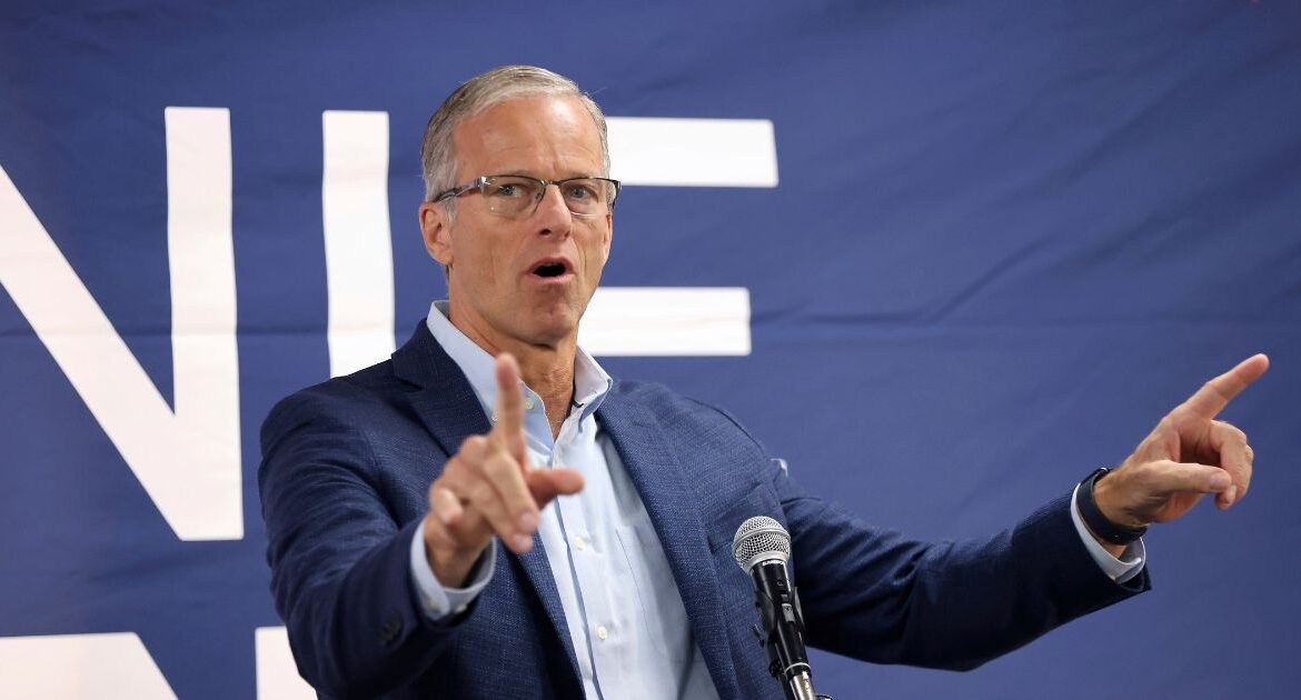 Sen. John Thune of South Dakota, speaks in support of Ohio Republican candidate for the United States Senate, Bernie Moreno (not pictured) during a bus tour stop for the Ohio Senate race in Columbus, Ohio, Monday, Oct. 28, 2024. (AP Photo/Joe Maiorana)