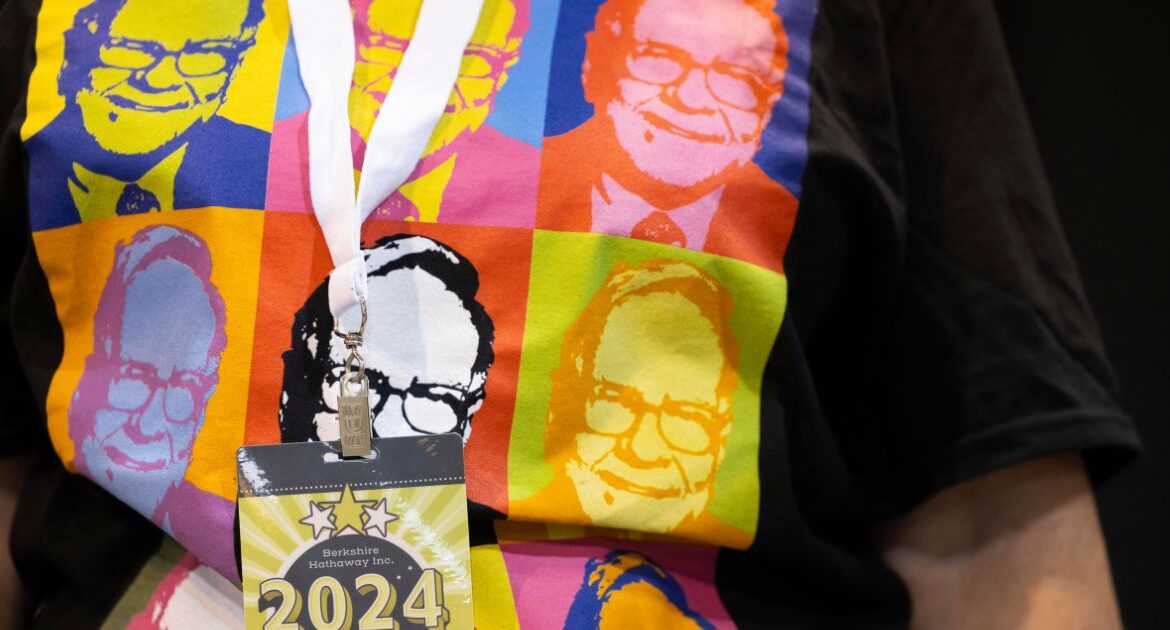Shareholder Tina Schmidt of Cozad, Neb., wears a shirt with Warren Buffett's portrait in the style of an Andy Warhol painting at the Berkshire Hathaway annual meeting on May 4, 2024, in Omaha, Neb. (AP File)