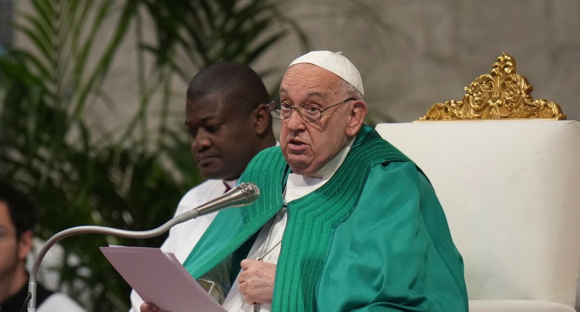 Pope Francis delivers his speech during a mass on the occasion of the World Day of the Poor in St. Peter's Basilica, at the Vatican, Sunday, Nov. 17, 2024. (AP/Alessandra Tarantino)