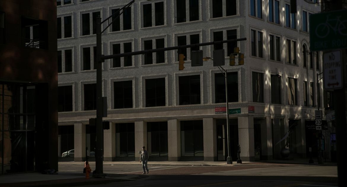 A nearly empty street in Columbus, Ohio, April 2, 2020. Officials in Columbus, Ohio, and across the state condemned a small group of people who marched through part of the city on Saturday, Nov. 16, 2024, carrying Nazi flags and shouting racial slurs and expressions of white power. (Maddie McGarvey/The New York Times)