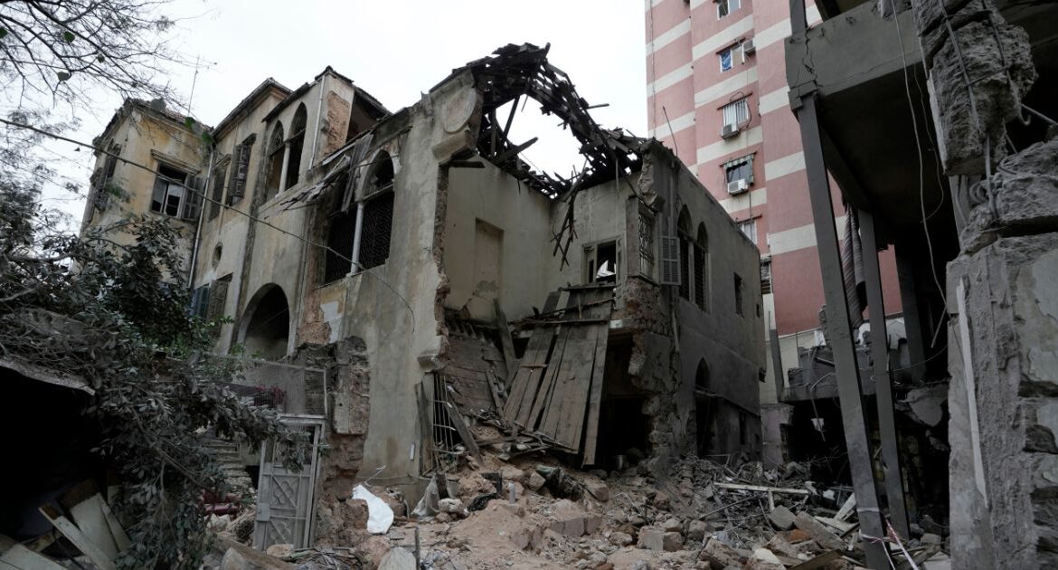 A destroyed building hit on Monday evening by an Israeli airstrike is seen in central Beirut, Lebanon, Tuesday, Nov. 19, 2024. (AP/Bilal Hussein)