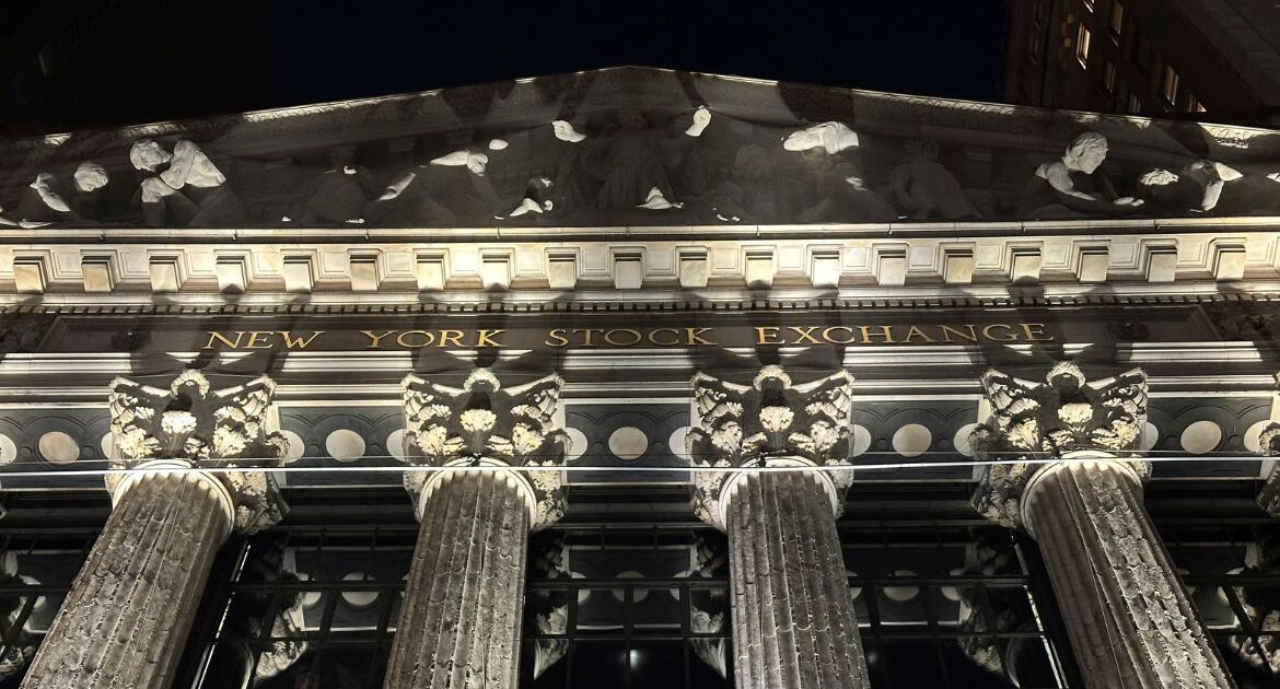 The facade of the New York Stock Exchange is illuminated on Tuesday, Nov. 19, 2024. (AP/Peter Morgan)