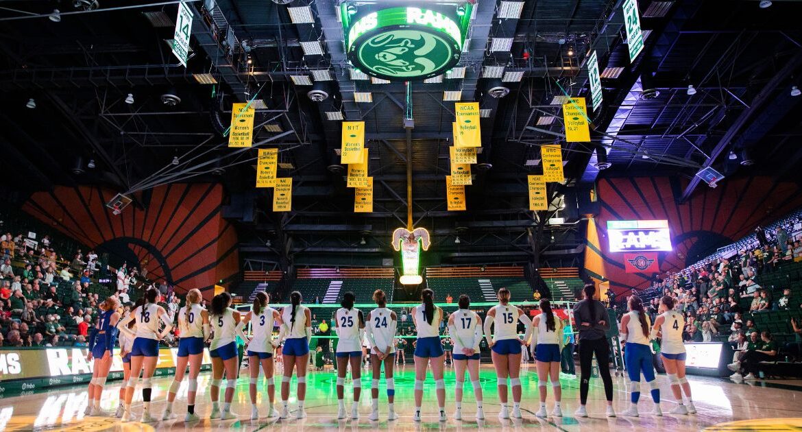 The San Jose State University Spartans line up for the playing of the national anthem and player introductions for their NCAA Mountain West women's volleyball game against the Colorado State University Rams in Fort Collins, Colo., on Oct. 3, 2024. (AP File)