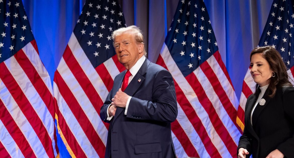 President-elect Donald Trump arrives to speak at a meeting of the House GOP conference, followed by Rep. Elise Stefanik, R-N.Y., Wednesday, Nov. 13, 2024, in Washington. (AP/Alex Brandon)