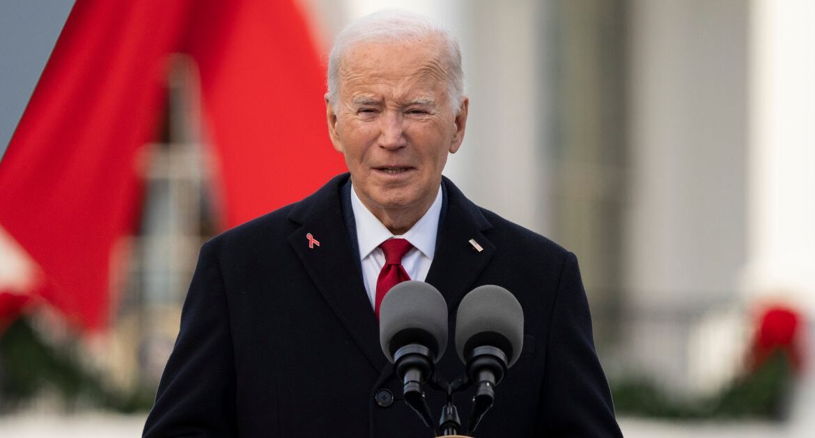 President Joe Biden speaks on the South Lawn of the White House during a ceremony to commemorate World AIDS Day with survivors, their families and advocates, Sunday, Dec. 1, 2024, in Washington. (AP/Manuel Balce Ceneta)