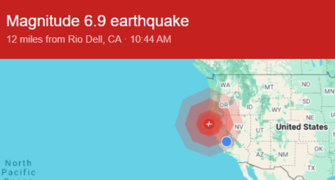 A 6.9 earthquake near Ferndale, California, triggered widespread tremors and a tsunami warning, with aftershocks felt as far as San Francisco. (Google Screenshot)