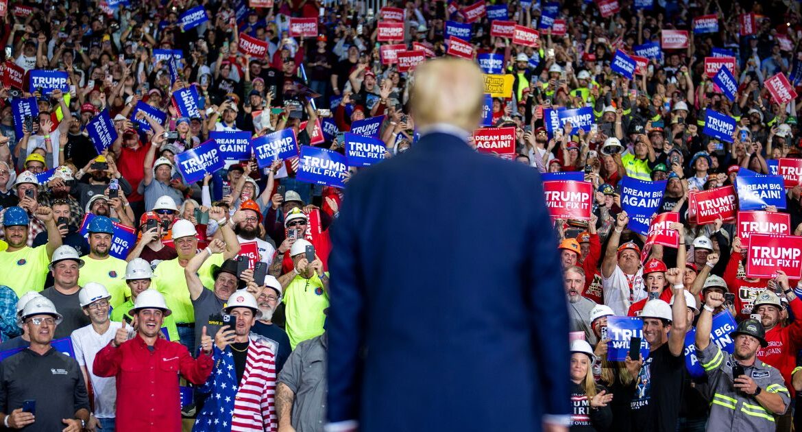 Former President Donald Trump, the Republican presidential nominee, during a campaign rally at PPG Paints Arena in Pittsburgh on Monday, Nov. 4, 2024. The number of Sanders supporters who have gone MAGA is most likely a sliver of the electorate, but they illustrate an important pattern in American politics, political scientists say, one that might help explain President-elect Donald Trump’s success with young men in particular. (Doug Mills/The New York Times)