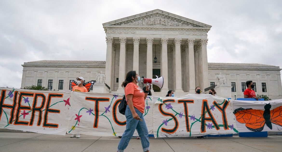 Supporters of the Deferred Action for Childhood Arrivals program react to the Supreme Court's ruling outside the court in Washington, June 18, 2020. President-elect Donald Trump has said he would look for ways to spare immigrants who were brought to the country illegally as children, known as Dreamers, from deportation. But during Trump’s first presidency, he tried to wipe out the program protecting them. He failed only because the Supreme Court stopped him. (Anna Moneymaker/The New York Times)
