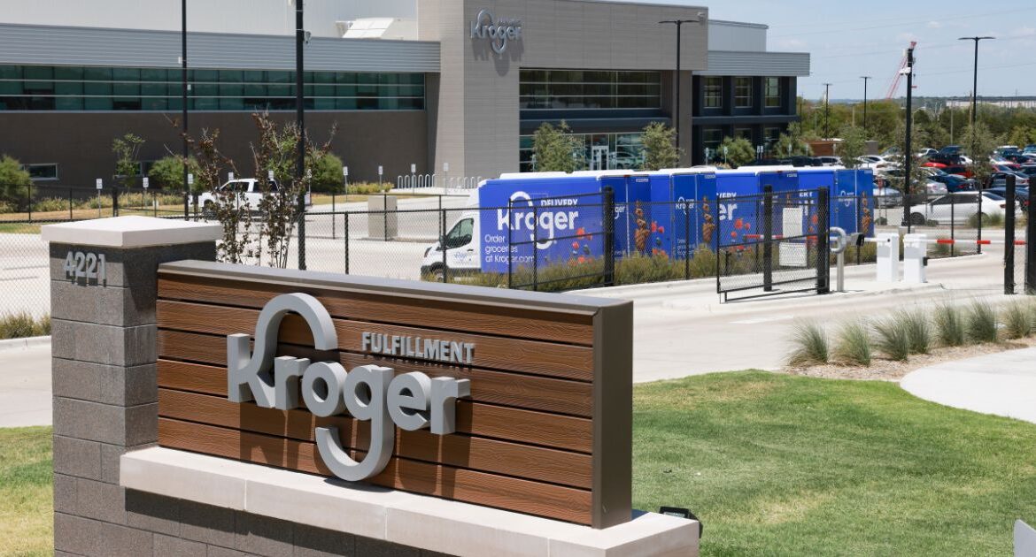 The exterior of Kroger's fulfillment center is shown on July 27, 2022 in Dallas, Tex. (AP File)