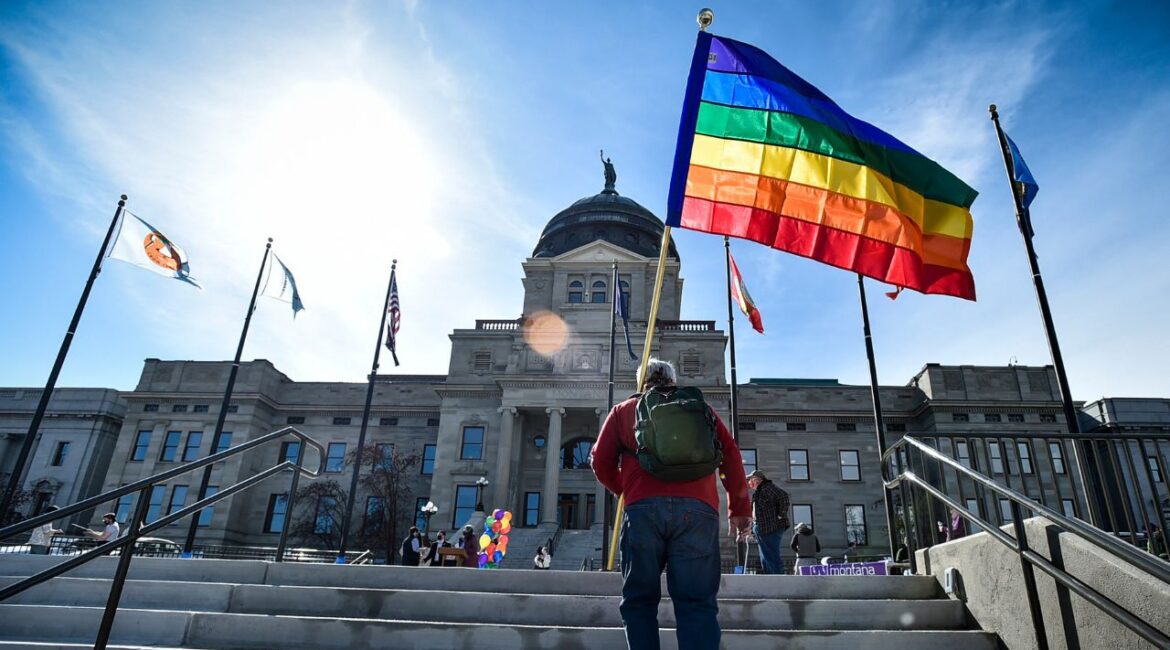 Demonstrators gather on the steps of the Montana state Capitol protesting anti-LGBTQ+ legislation in Helena, Mont., March 15, 2021. (AP File)