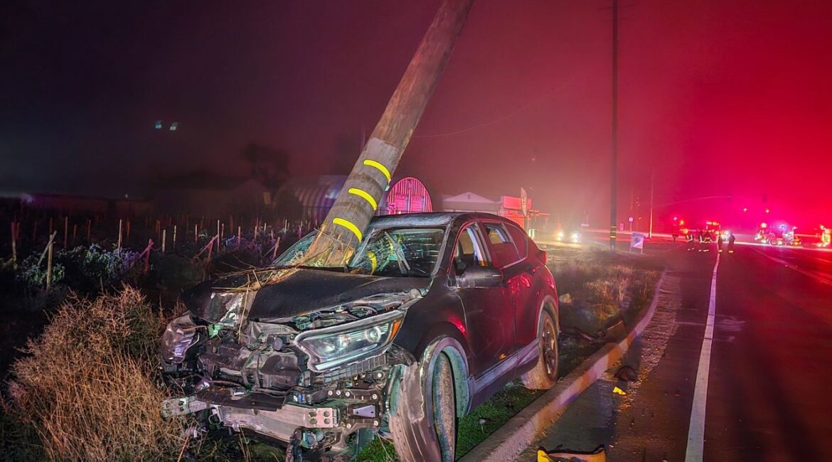 A Fresno County DUI driver is lucky to be alive after drifting onto the shoulder and slamming into a Sanger power pole. (CHP)