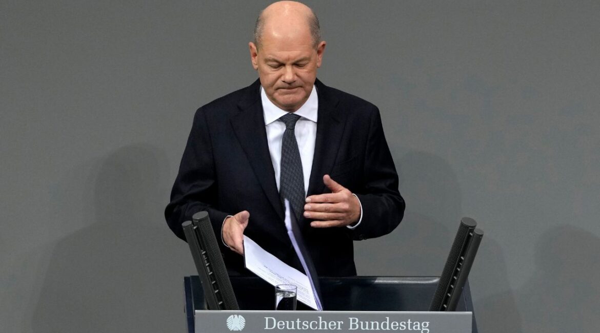 German Chancellor Olaf Scholz speaks during a plenary session at the German parliament Bundestag where he faces a vote of confidence, Berlin, Germany, Monday, Dec. 16, 2024. (AP/Markus Schreiber)