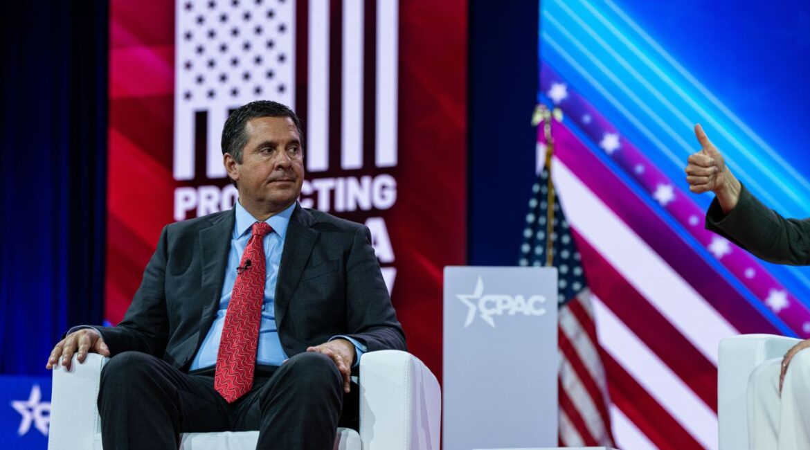 Devin Nunes, chief executive officer of the Trump Media & Technology Group, on stage at the annual Conservative Political Action Conference (CPAC) in National Harbor, Md., March 2, 2023. President-elect Donald Trump has announced that he will appoint Nunes, a former member of Congress who used his role as chairman of the House Intelligence Committee to try to delegitimize the Trump-Russia investigation, to head an independent advisory board on espionage policy. (Haiyun Jiang/The New York Times)