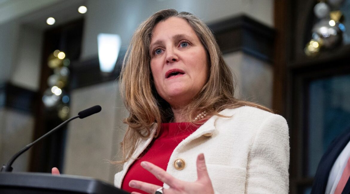 Minister of Finance and Deputy Prime Minister Chrystia Freeland delivers remarks on Parliament Hill in Ottawa, Ontario, Wednesday, Dec. 11, 2024. (Spencer Colby/The Canadian Press via AP)