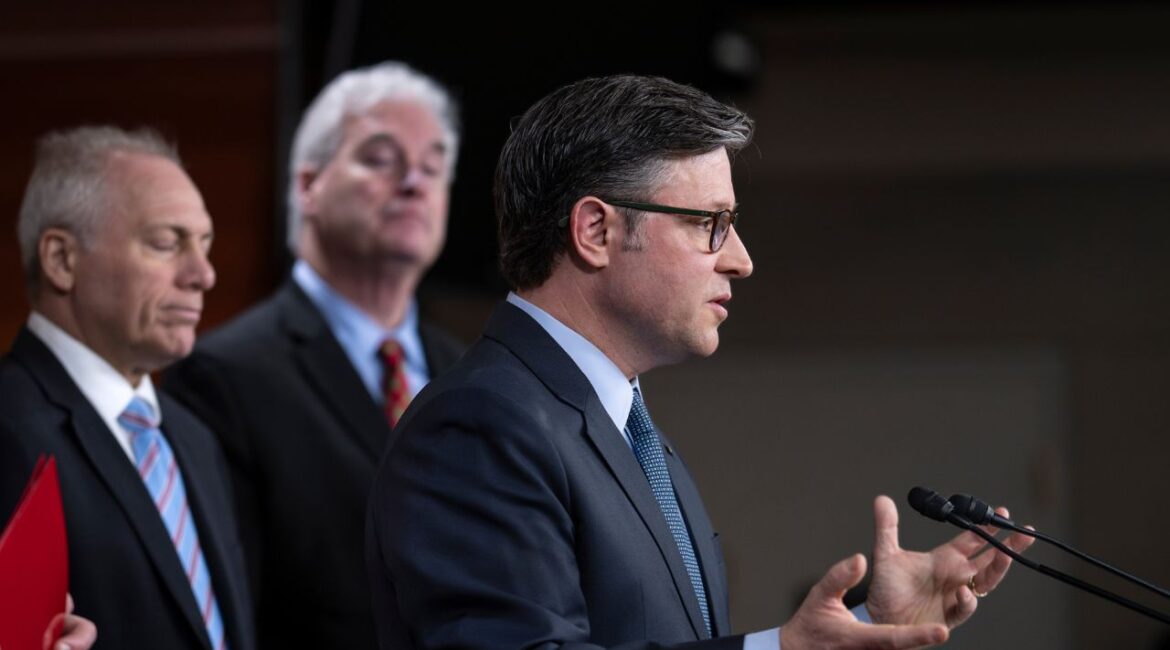 Speaker of the House Mike Johnson, R-La., center, joined from left by House Majority Leader Steve Scalise, R-La., and Majority Whip Tom Emmer, R-Minn., talks at a news conference after presenting his final version of an interim spending bill to his caucus, at the Capitol in Washington, Tuesday, Dec. 17, 2024. President-elect Donald Trump has now abruptly rejected the bipartisan plan to prevent a Christmastime government shutdown. Instead, he's telling House Speaker Mike Johnson and Republicans to essentially renegotiate — days before a deadline when federal funding runs out. (AP Photo/J. Scott Applewhite, File)