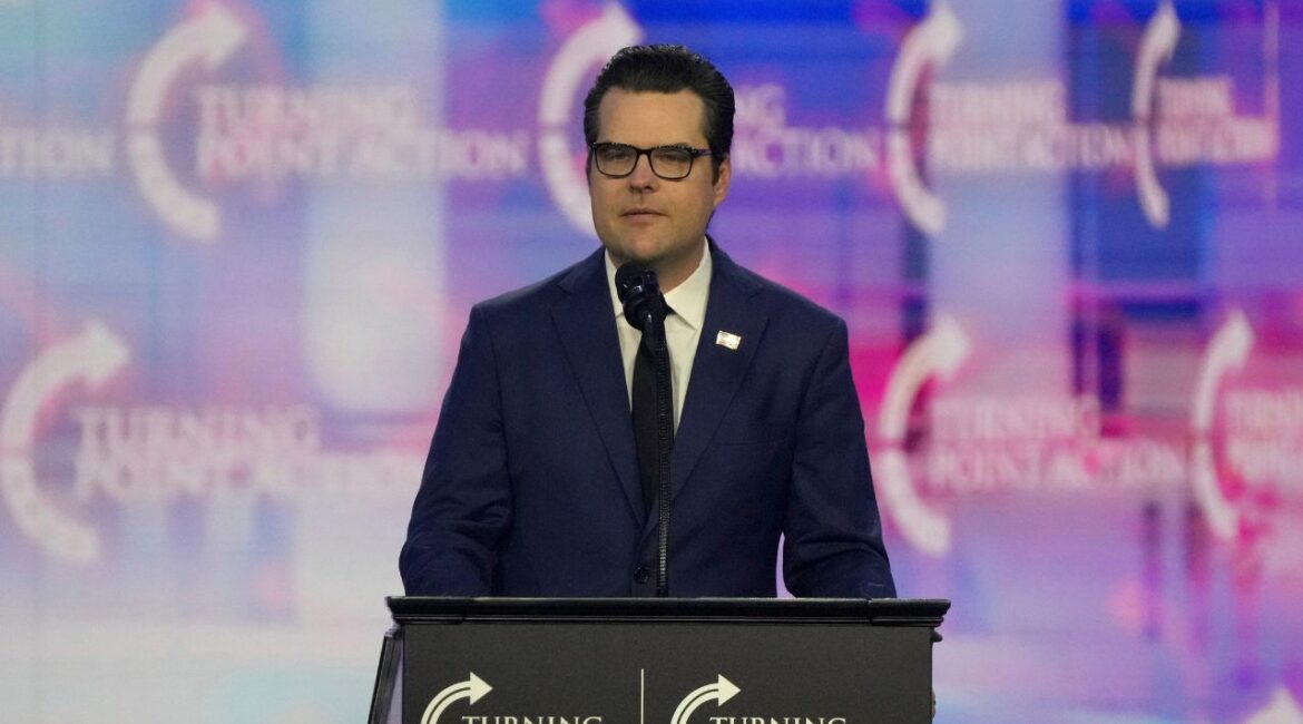 Former Rep. Matt Gaetz, R- Fla., speaks at AmericaFest, Sunday, Dec. 22, 2024, in Phoenix. (AP Photo/Rick Scuteri)