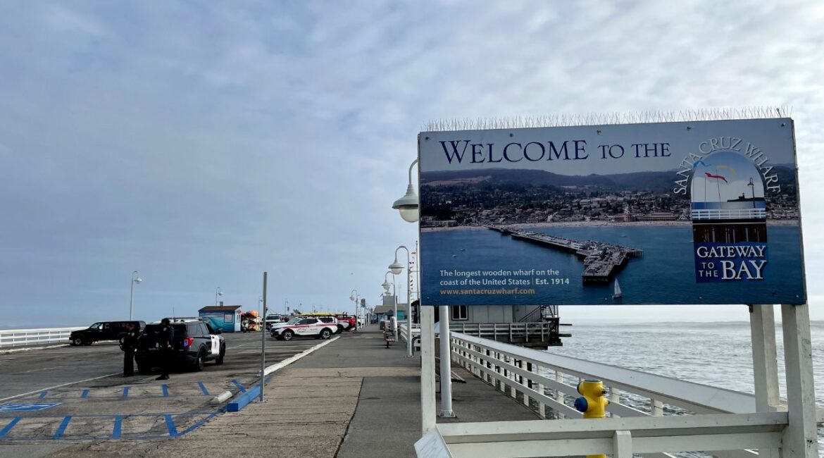 A closed wharf is seen in Santa Cruz, Calif., Monday, Dec. 23, 2024, after the pier partially collapsed and fell into the ocean. (AP/Martha Mendoza)