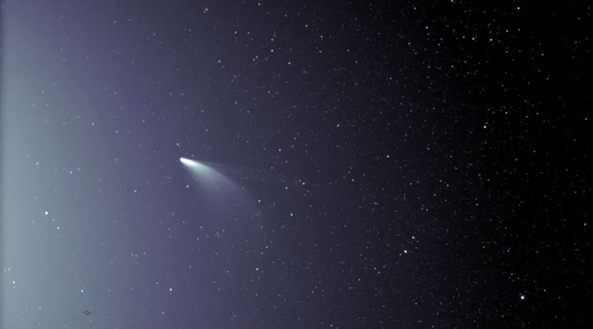 An undated photo provided by NASA/Naval Research Laboratory/Parker Solar Probe shows an unprocessed image from the WISPR instrument of the comet NEOWISE on July 5, 2020, shortly after its closest approach to the sun. (NASA/Johns Hopkins APL/Naval Research Lab/Parker Solar Probe/Brendan Gallagher via The New York Times)
