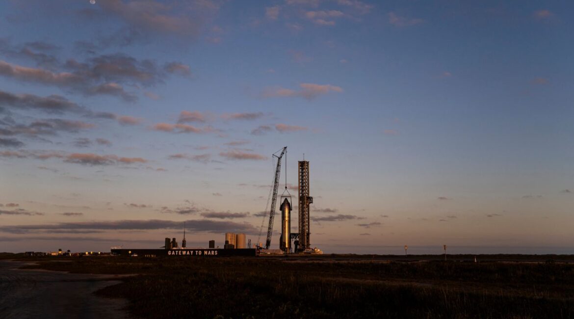 The SpaceX starship rocket near the Starbase launchpad in Boca Chica, Texas, Feb. 21, 2024. Employees of SpaceX have filed a formal petition to create the city of Starbase. (Meridith Kohut/The New York Times)