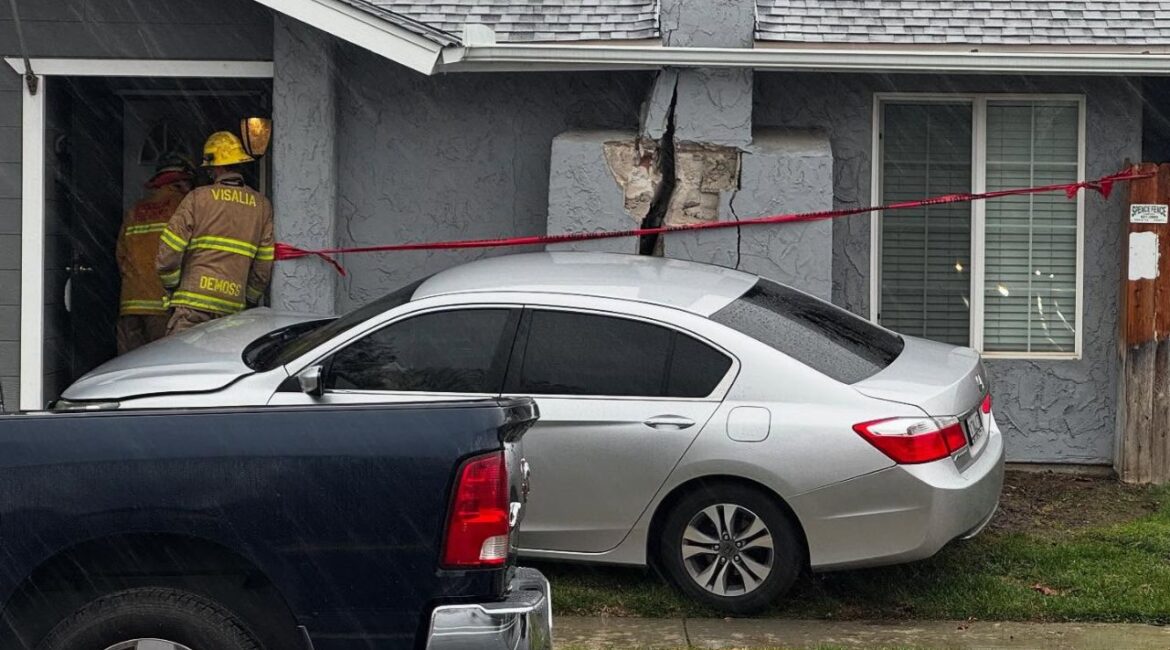 A vehicle crashed into a home on North Cain Street in Visalia Tuesday morning, causing minor property damage but no injuries, with the unlicensed driver cited at the scene. (Visalia PD)